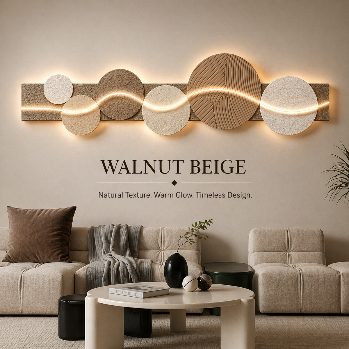 Walnut Beige geometric LED wall art light in a modern living room