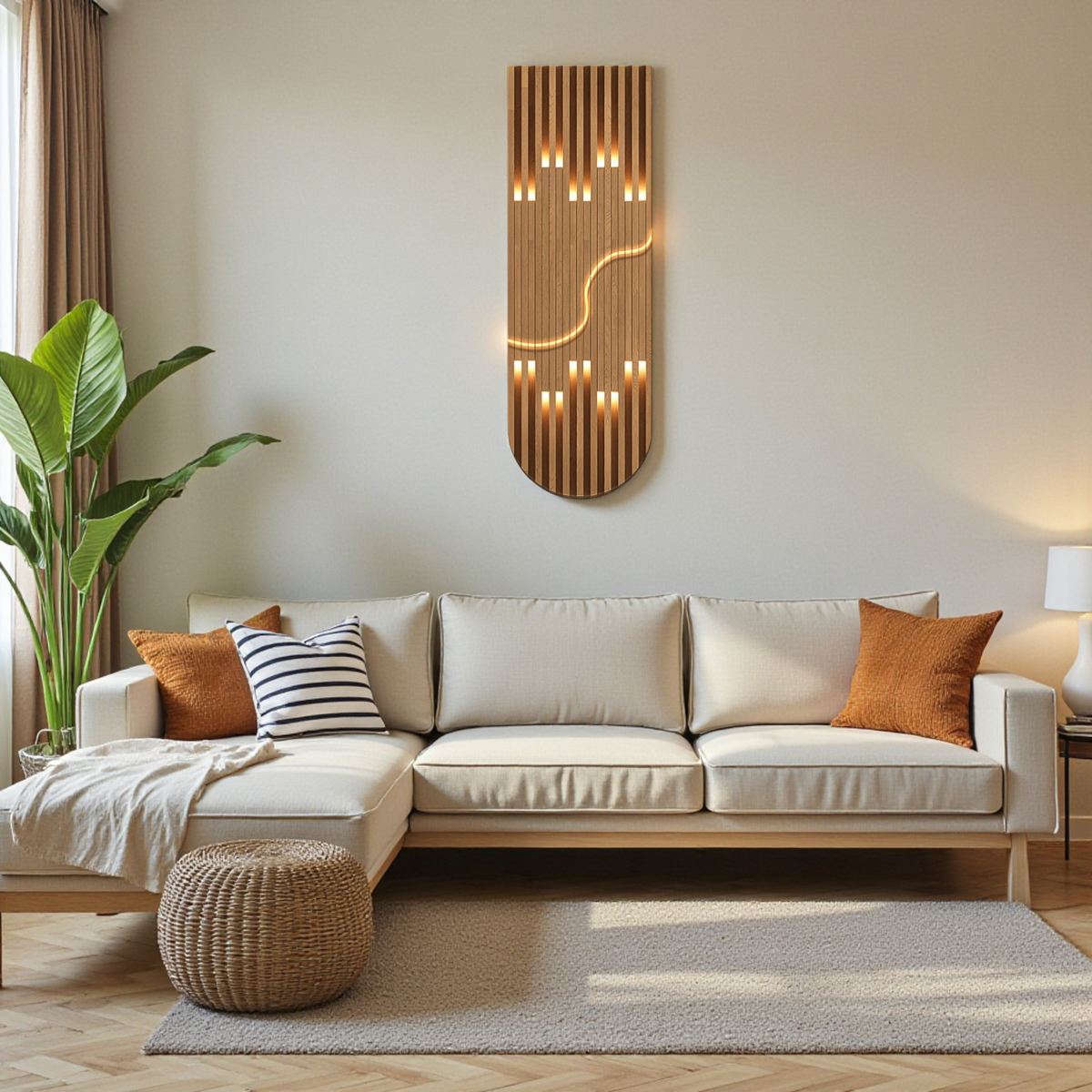Wood tone modern LED decorative wall lamp above sofa