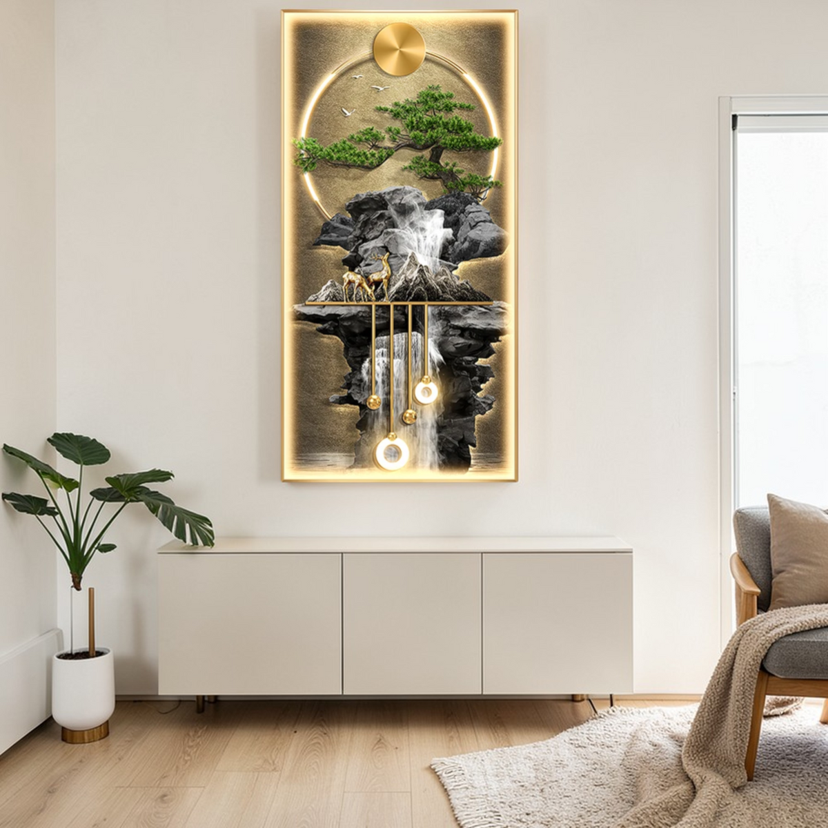 Modern LED waterfall wall lamp with bonsai tree and deer