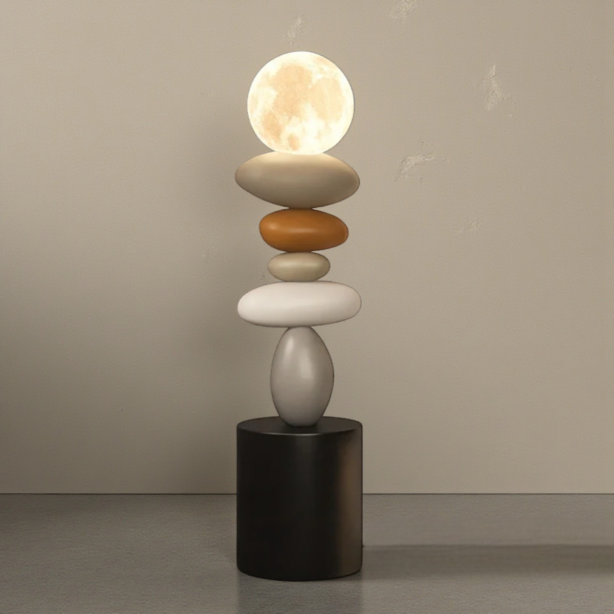Modern moon floor lamp with stacked stone design