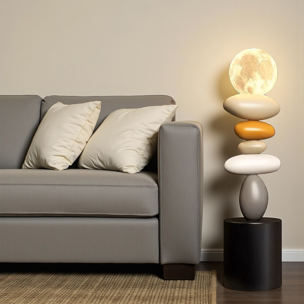 Moon floor lamp beside modern sofa