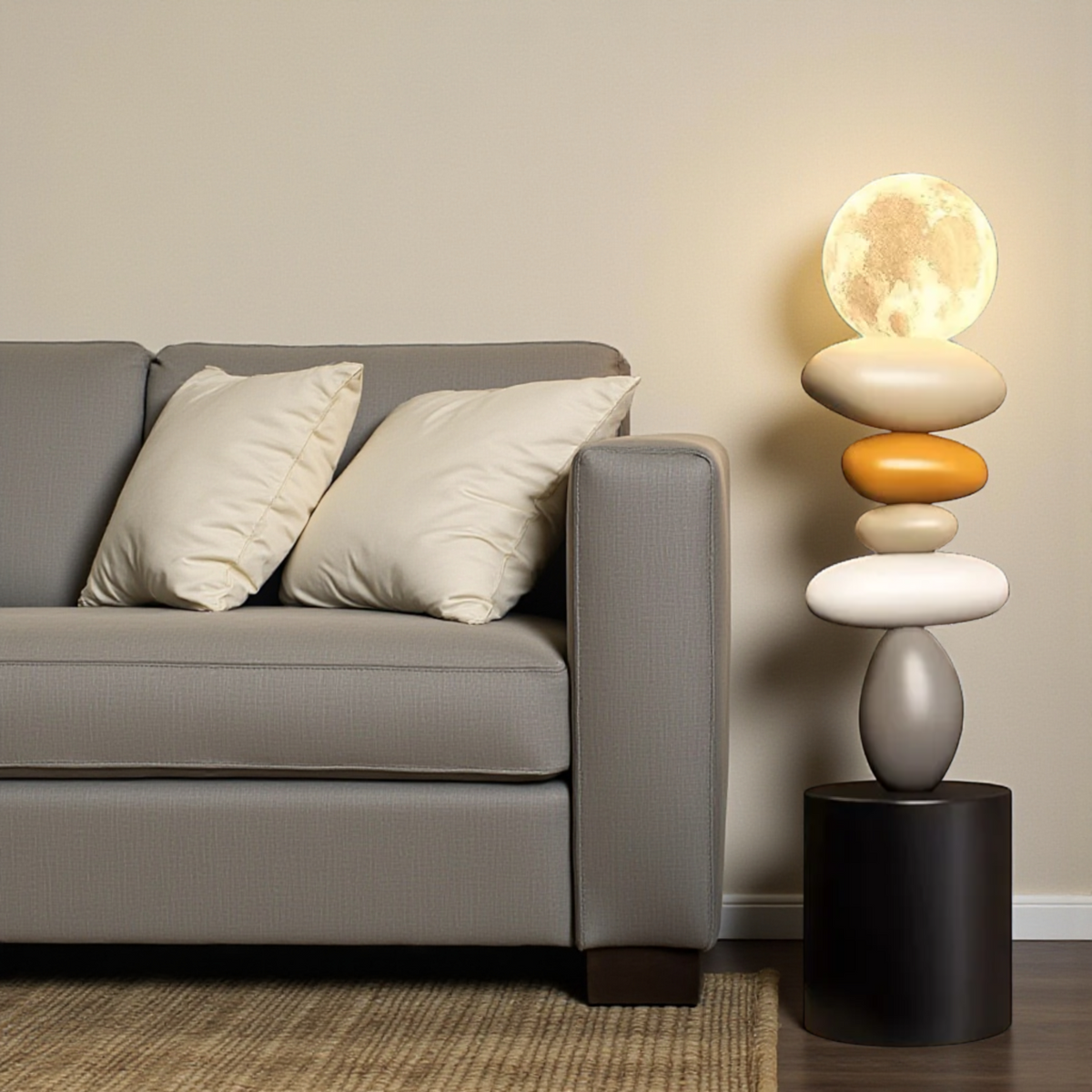 Moon floor lamp beside modern sofa