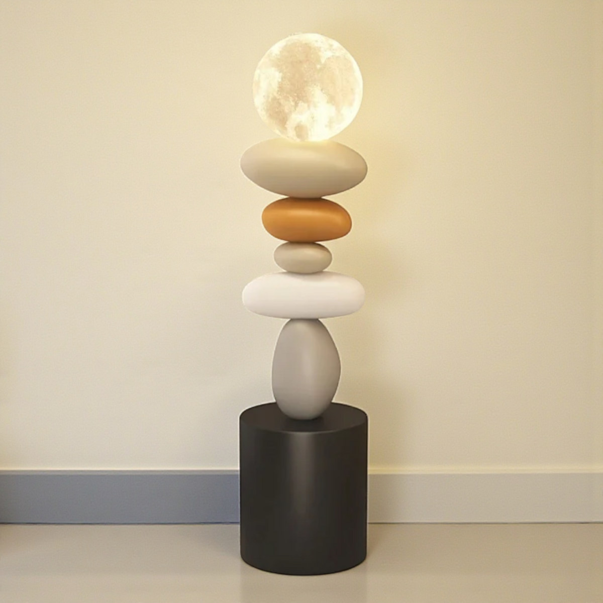 Illuminated stacked stone moon floor lamp