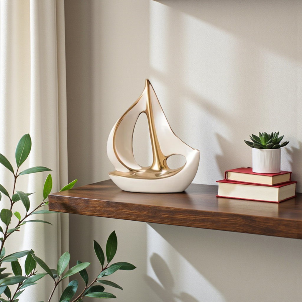 Modern white and gold sailboat sculpture with books and plant