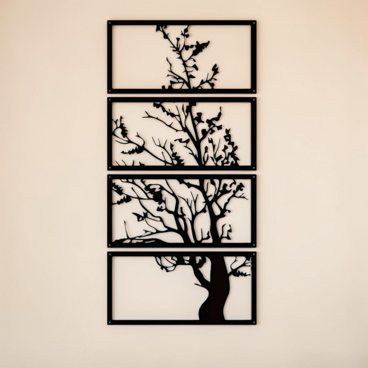 Modern black tree metal wall art set of four panels