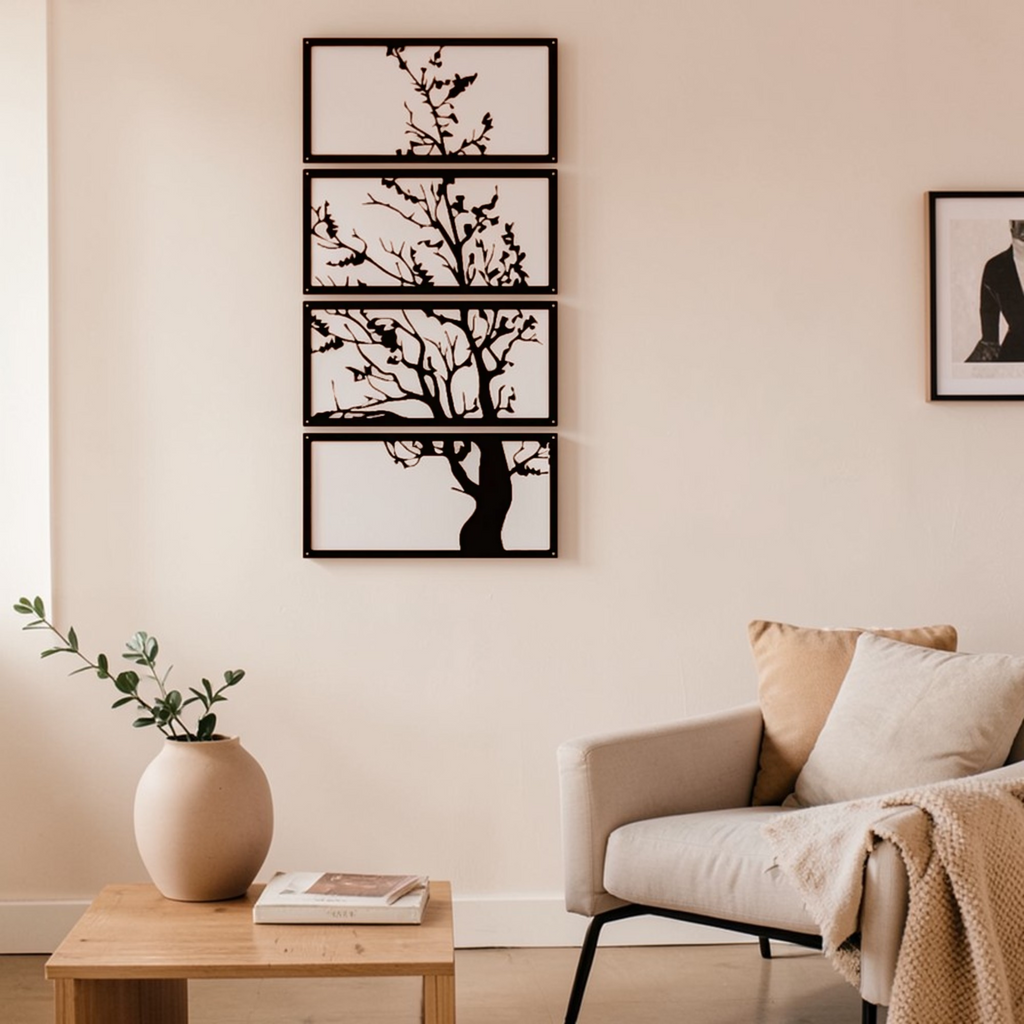 Minimalist black tree wall sculpture in neutral home decor