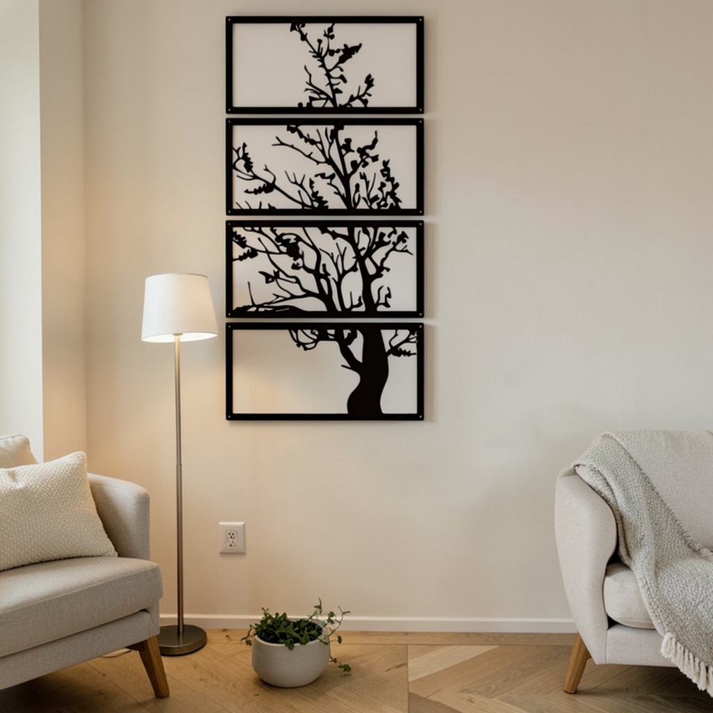 Black tree metal wall art displayed in a modern living room