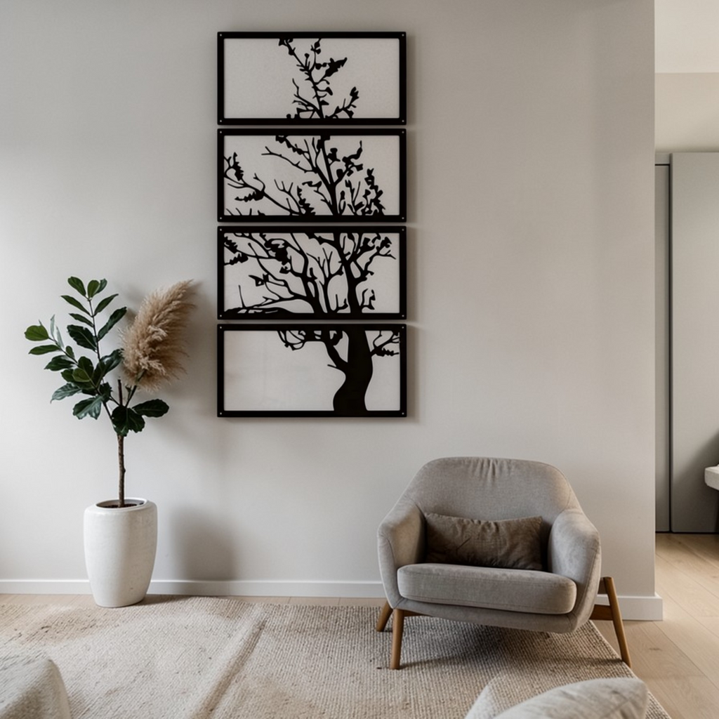 Four panel tree metal wall decor in a minimalist room