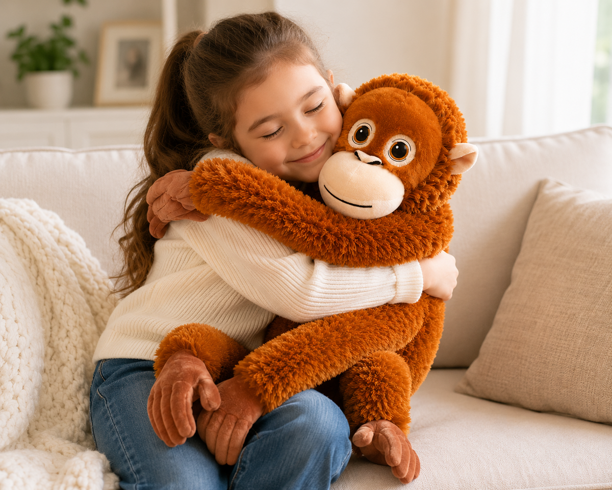 Monkey plush toy hugged by child