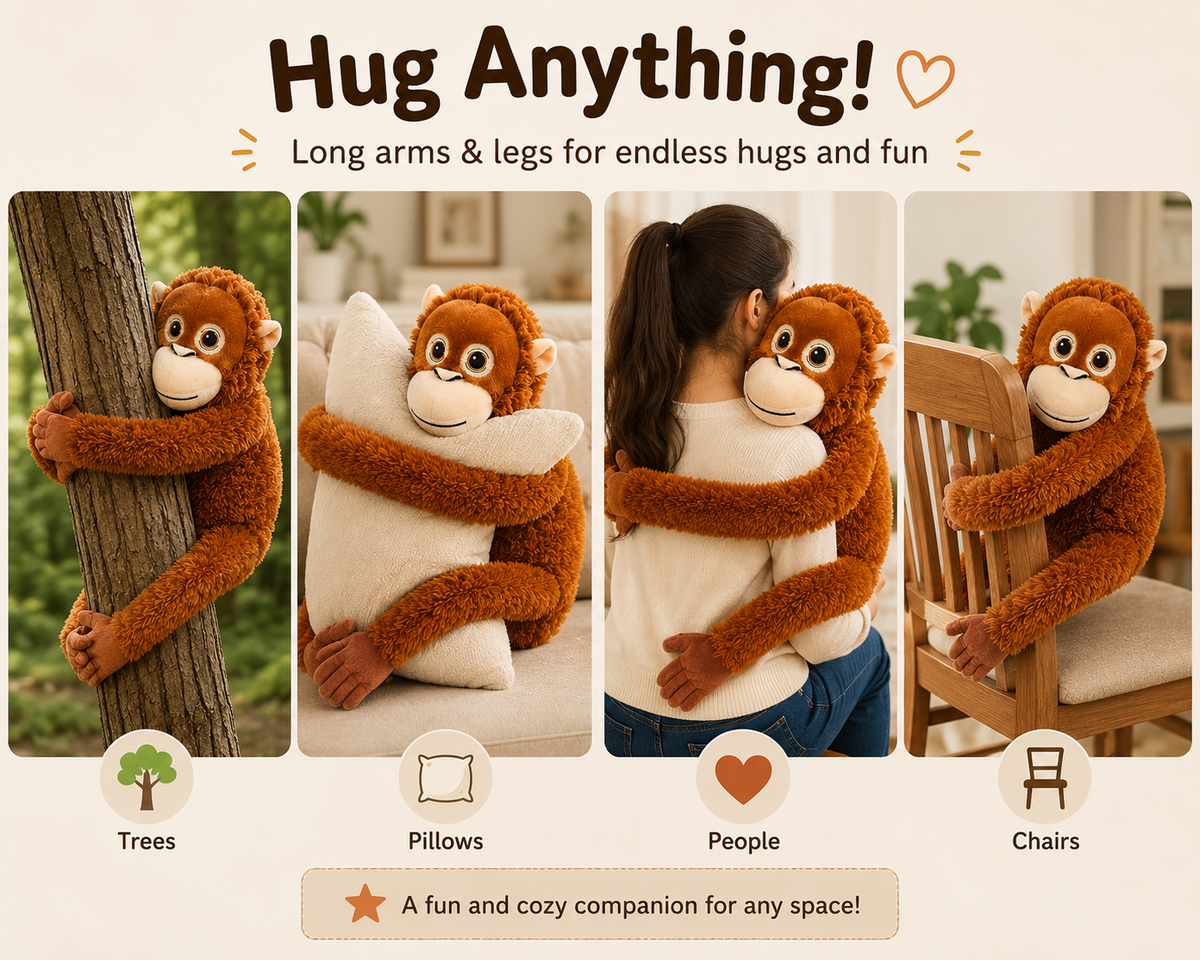 Monkey plush long arms hugging trees pillows people and chairs