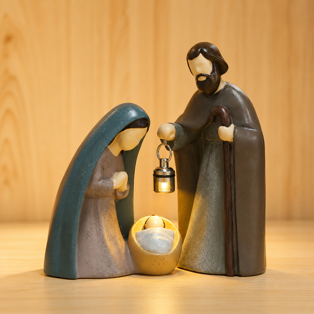 Close-up of Christian nativity scene with lantern detail