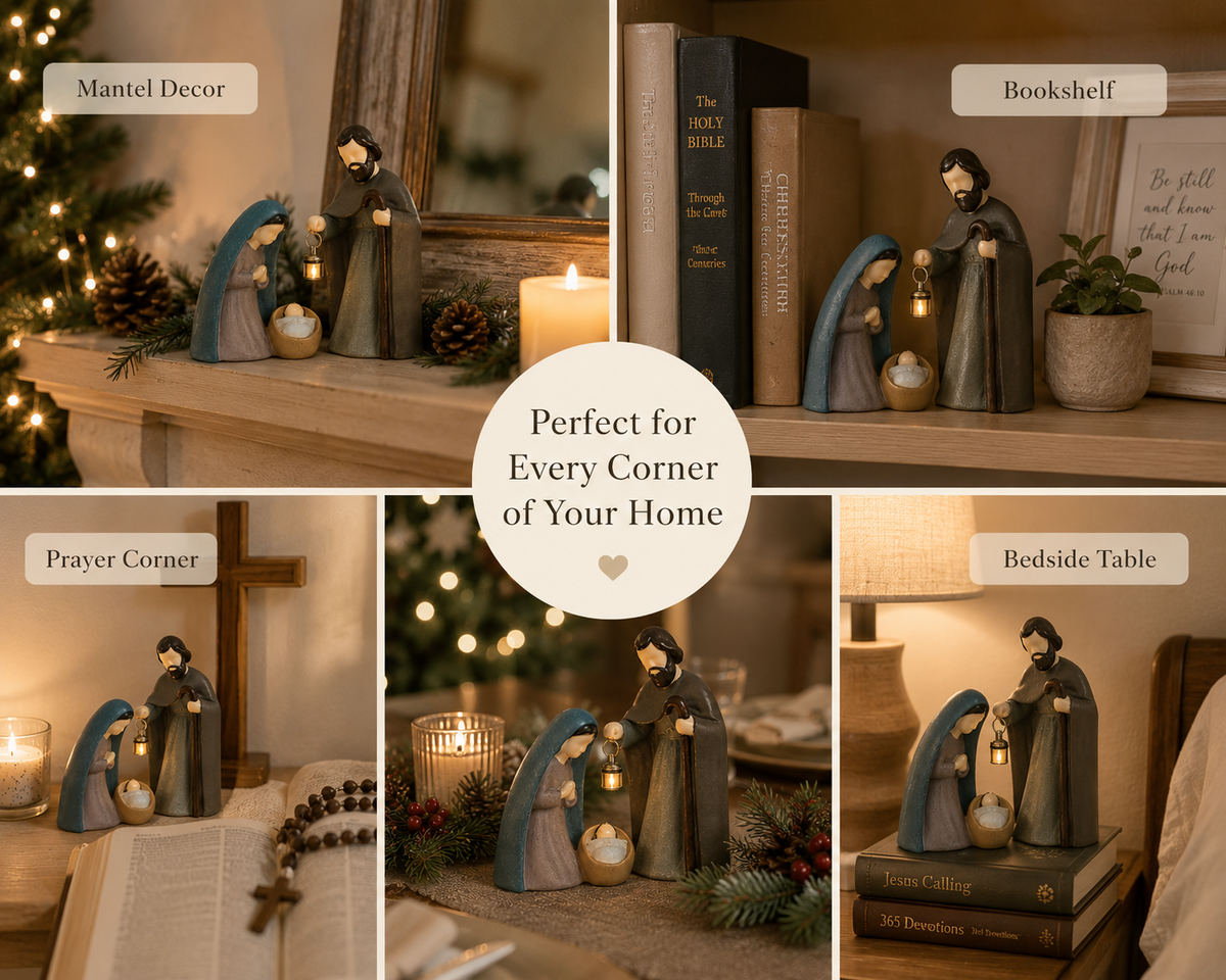 Nativity scene display ideas for mantel, bookshelf, prayer corner and bedside table