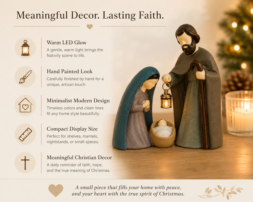 Christian nativity scene features and Christmas decor
