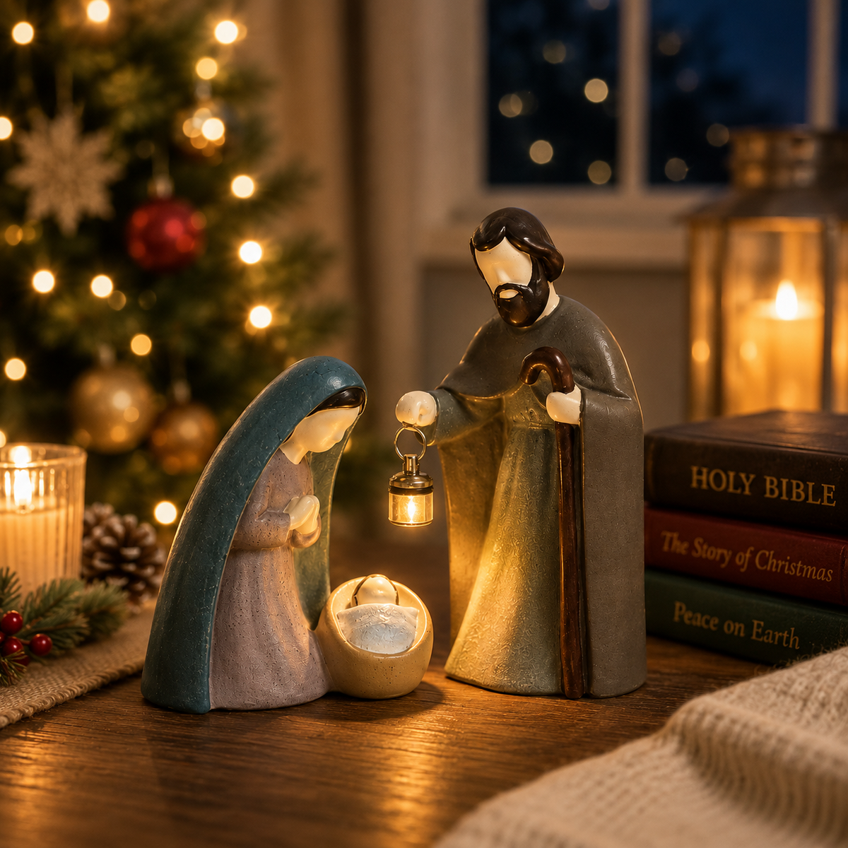 Christian nativity scene with warm lantern detail