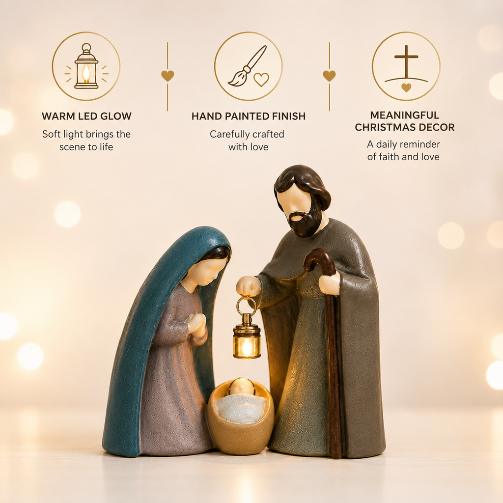 Nativity scene with warm lantern glow and Christmas decor highlights