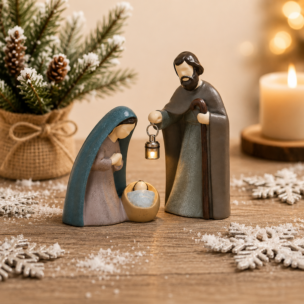 Christian nativity scene with winter Christmas decor