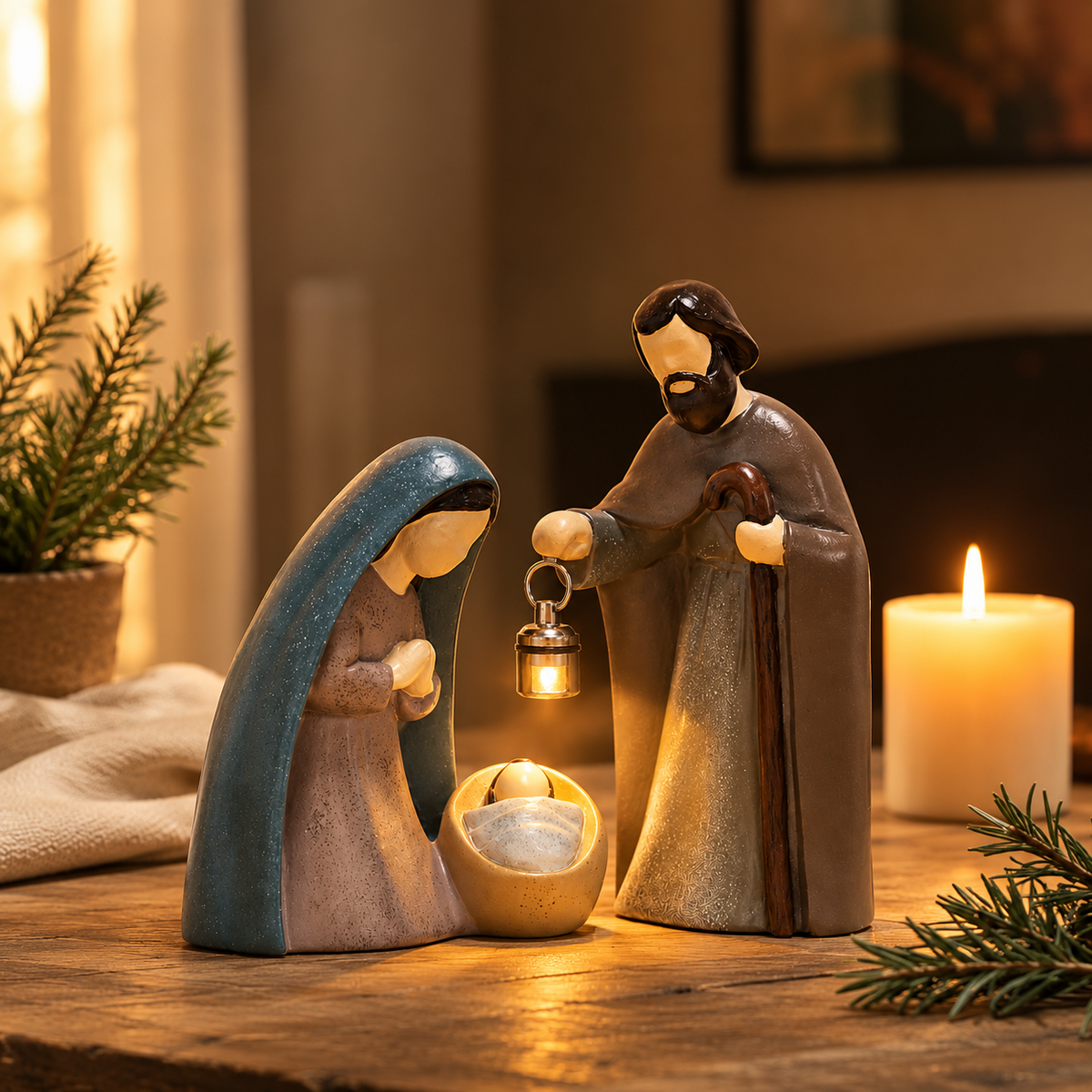 Nativity scene in a warm Christmas home setting