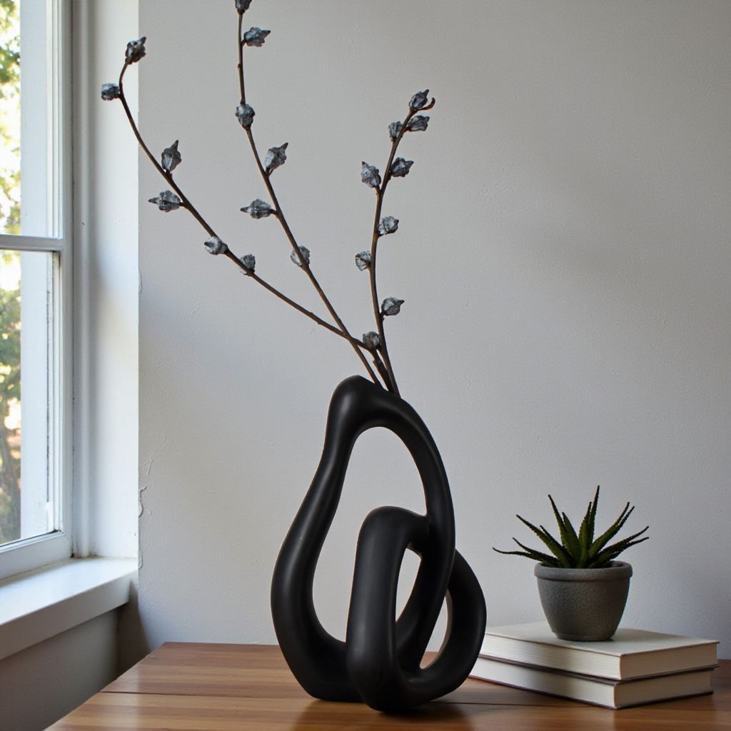 Matte black Nordic abstract ceramic vase with decorative branches