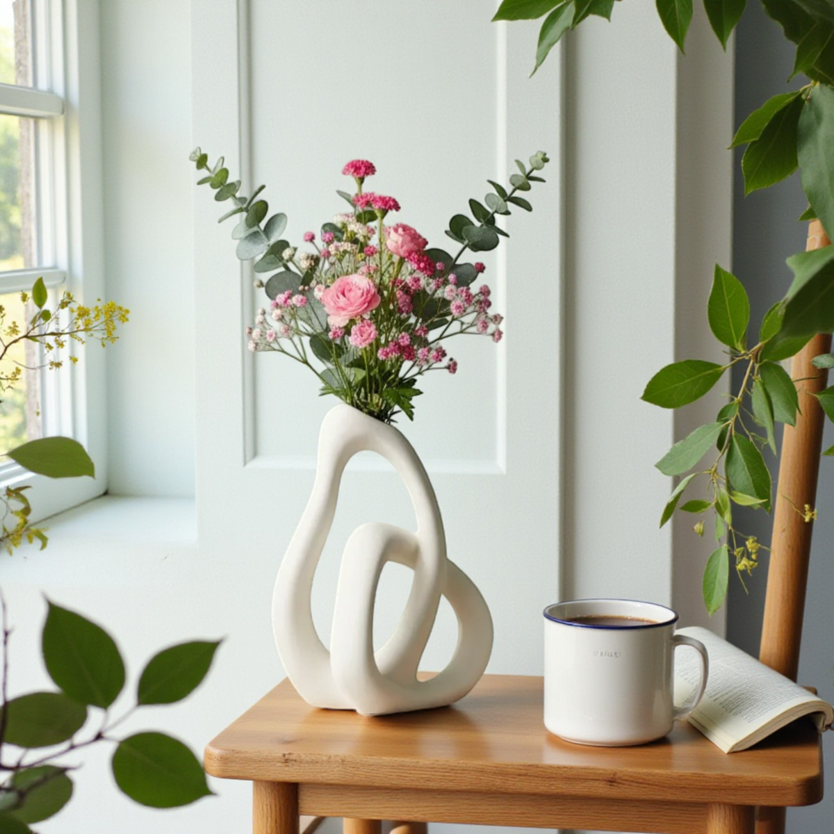 Matte white Nordic abstract ceramic vase with flowers
