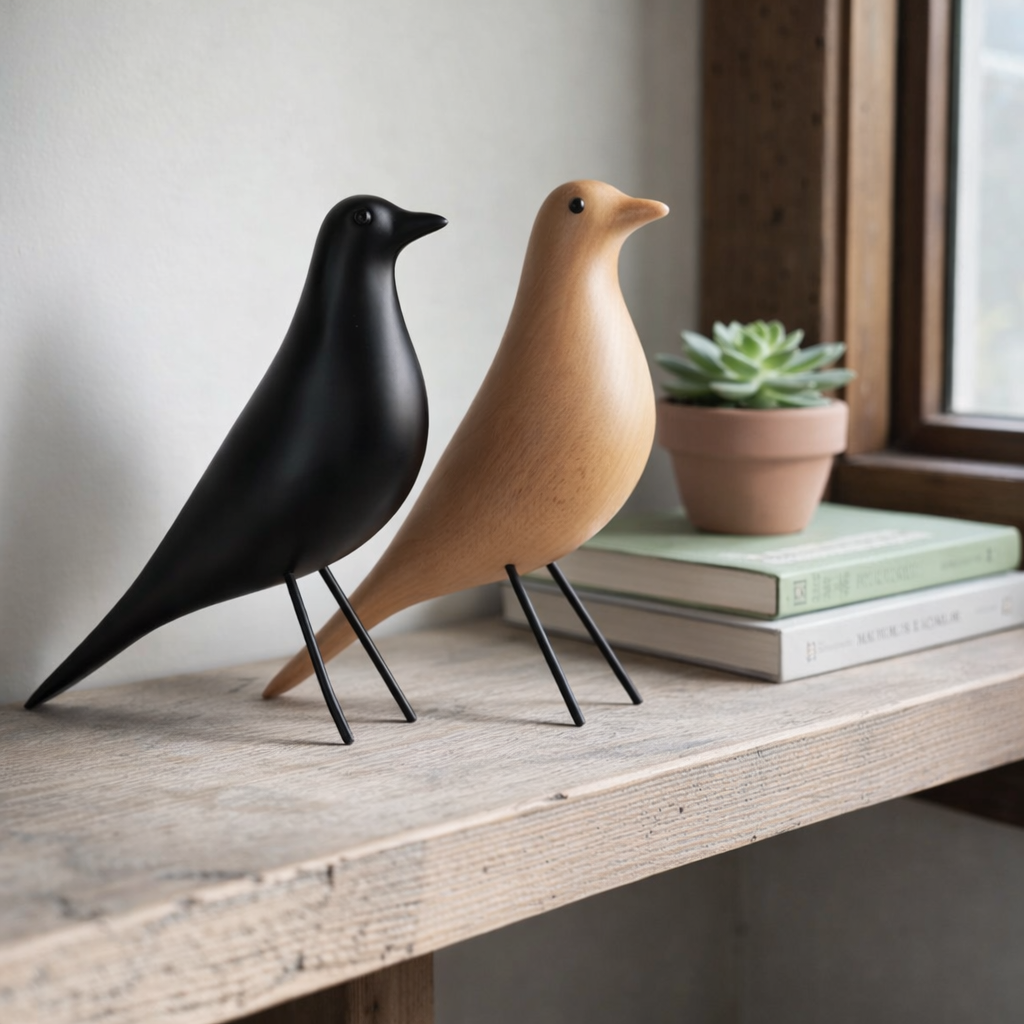 Nordic wooden bird decor pair in black and natural wood on a shelf