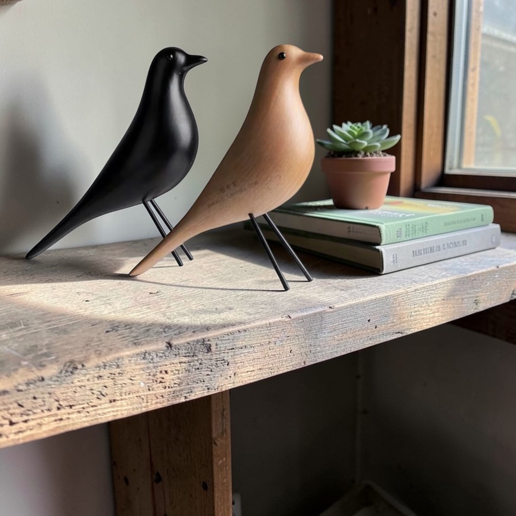 Black and natural wooden bird ornaments on rustic shelf