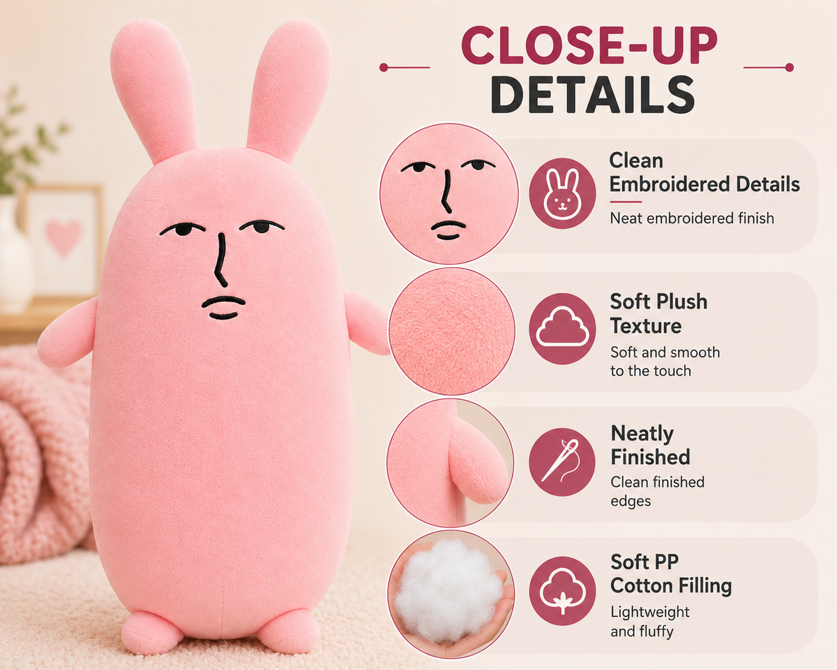 Pink rabbit pillow close up details
