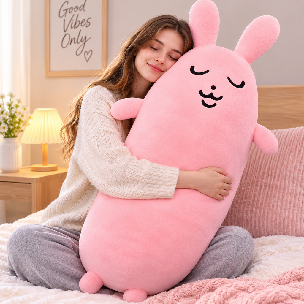 Pink rabbit plush pillow lifestyle