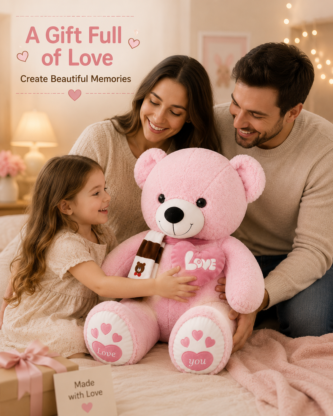 Pink teddy bear gift moment with family