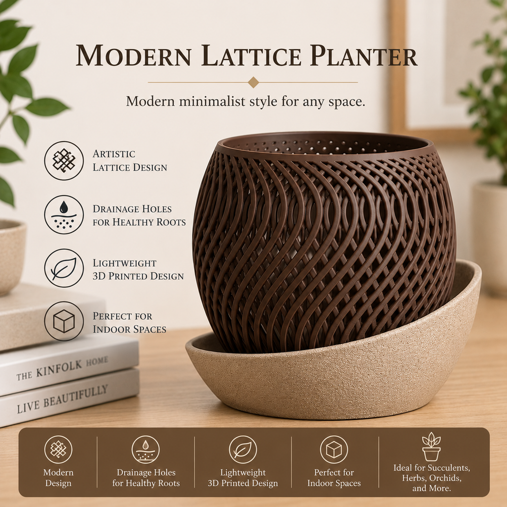 Brown modern lattice planter with drainage tray