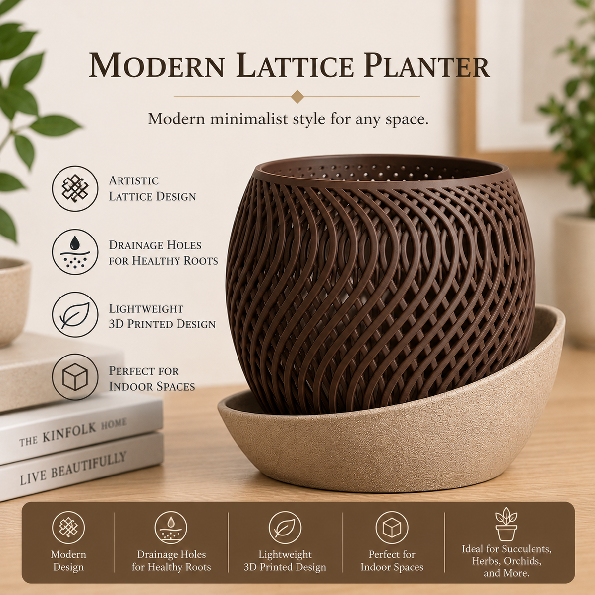 Brown modern lattice planter with drainage tray