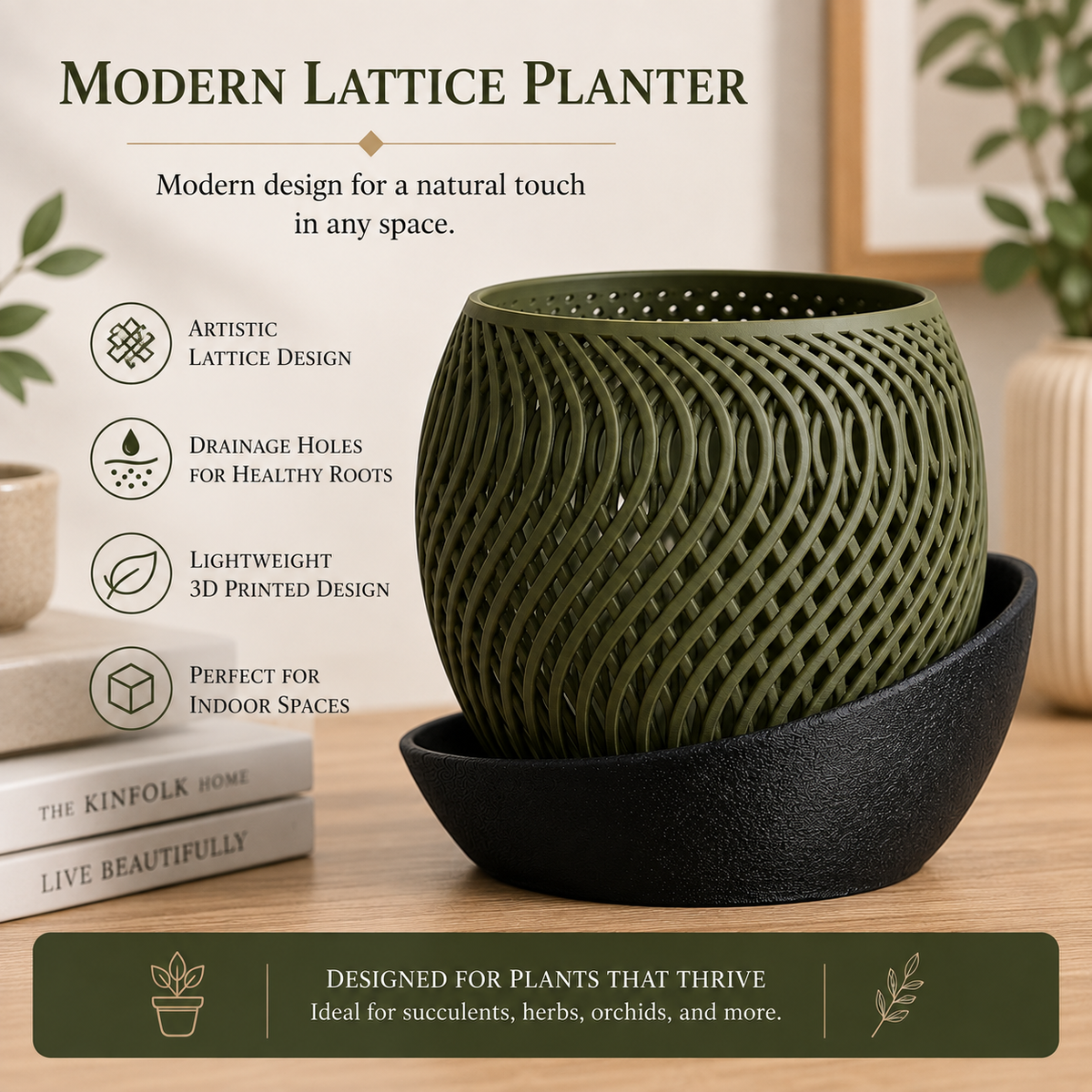 Olive green modern lattice planter with drainage tray