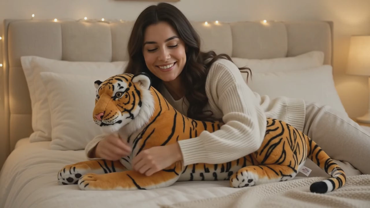 Large Tiger Plush Pillow, Realistic Stuffed Animal, Orange or White, 50–100 cm