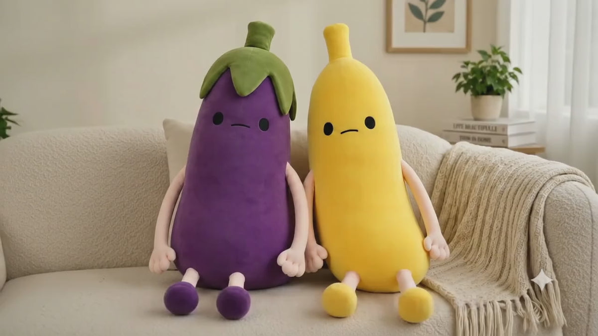 Banana & Eggplant Character Pillow, Long Body Cushion, Funny Gift Decor
