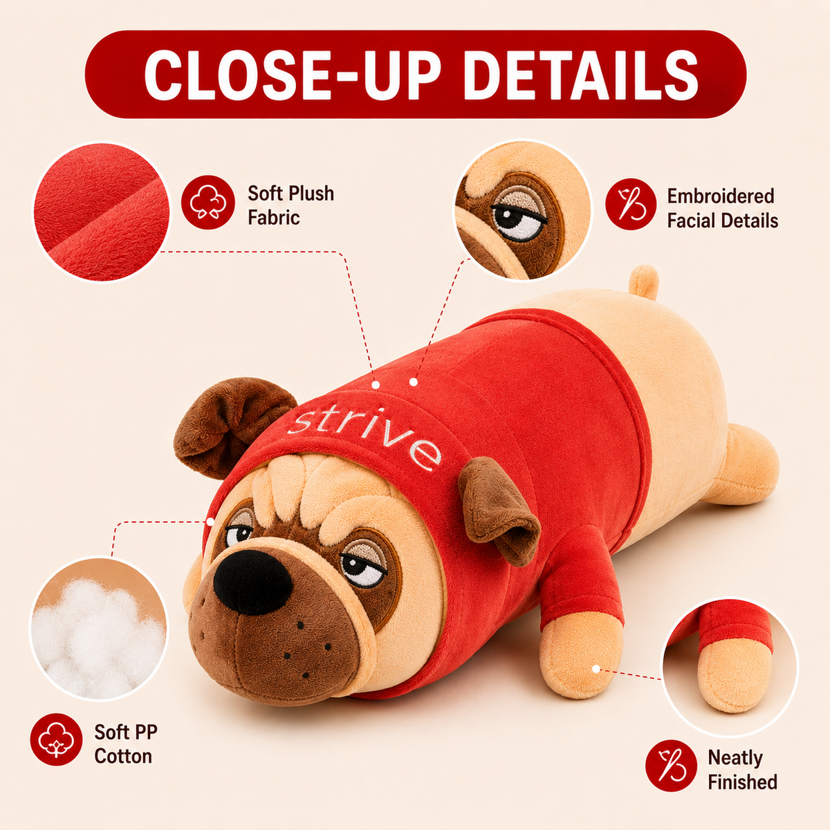 Pug plush pillow close-up details