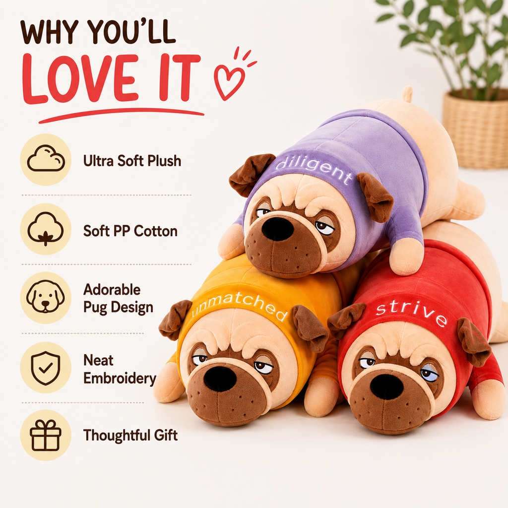 Pug plush pillow features