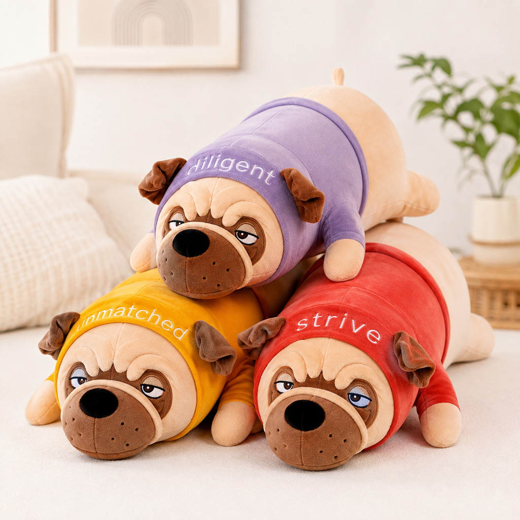 Pug plush pillows in red yellow and purple