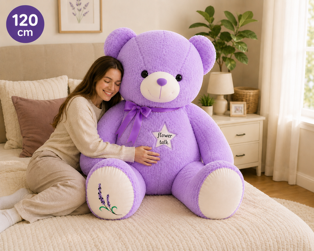 Large purple teddy bear 120 cm lifestyle size reference