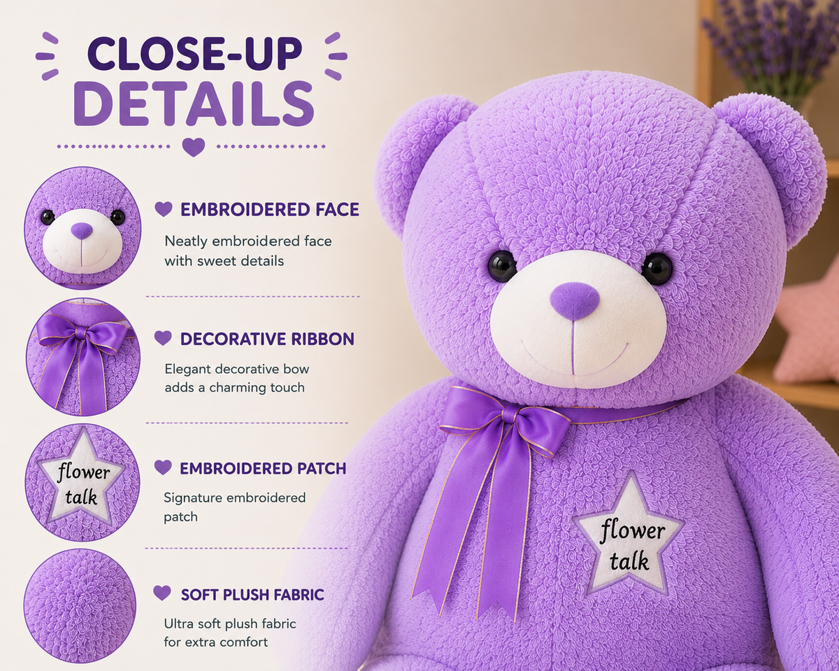 Purple teddy bear close up details