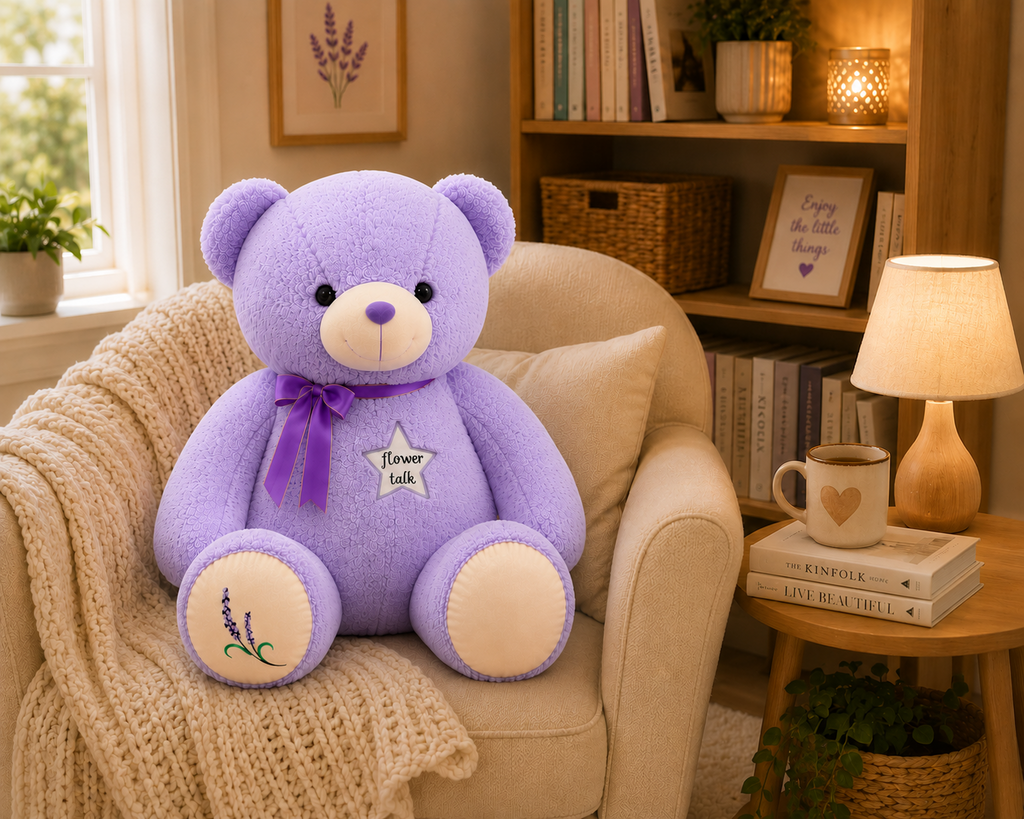 Purple teddy bear reading corner decor