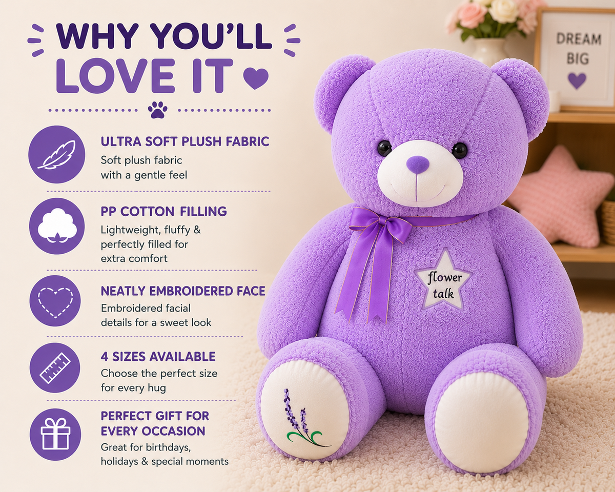 Purple teddy bear features