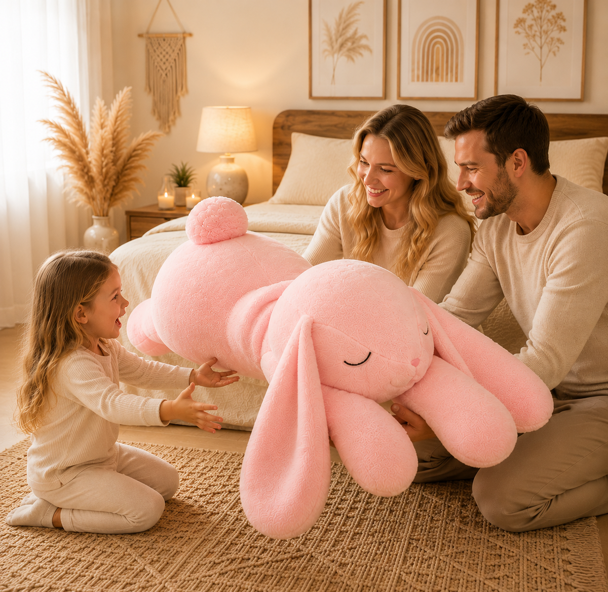Large rabbit plush pillow family lifestyle