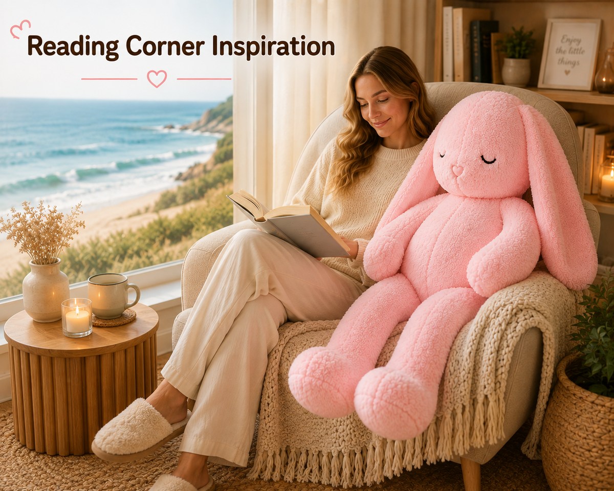Large rabbit plush pillow reading corner