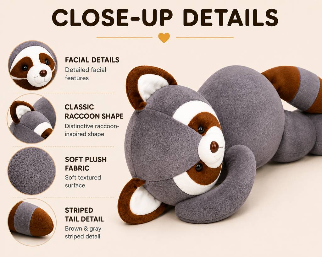 Raccoon body pillow close-up details