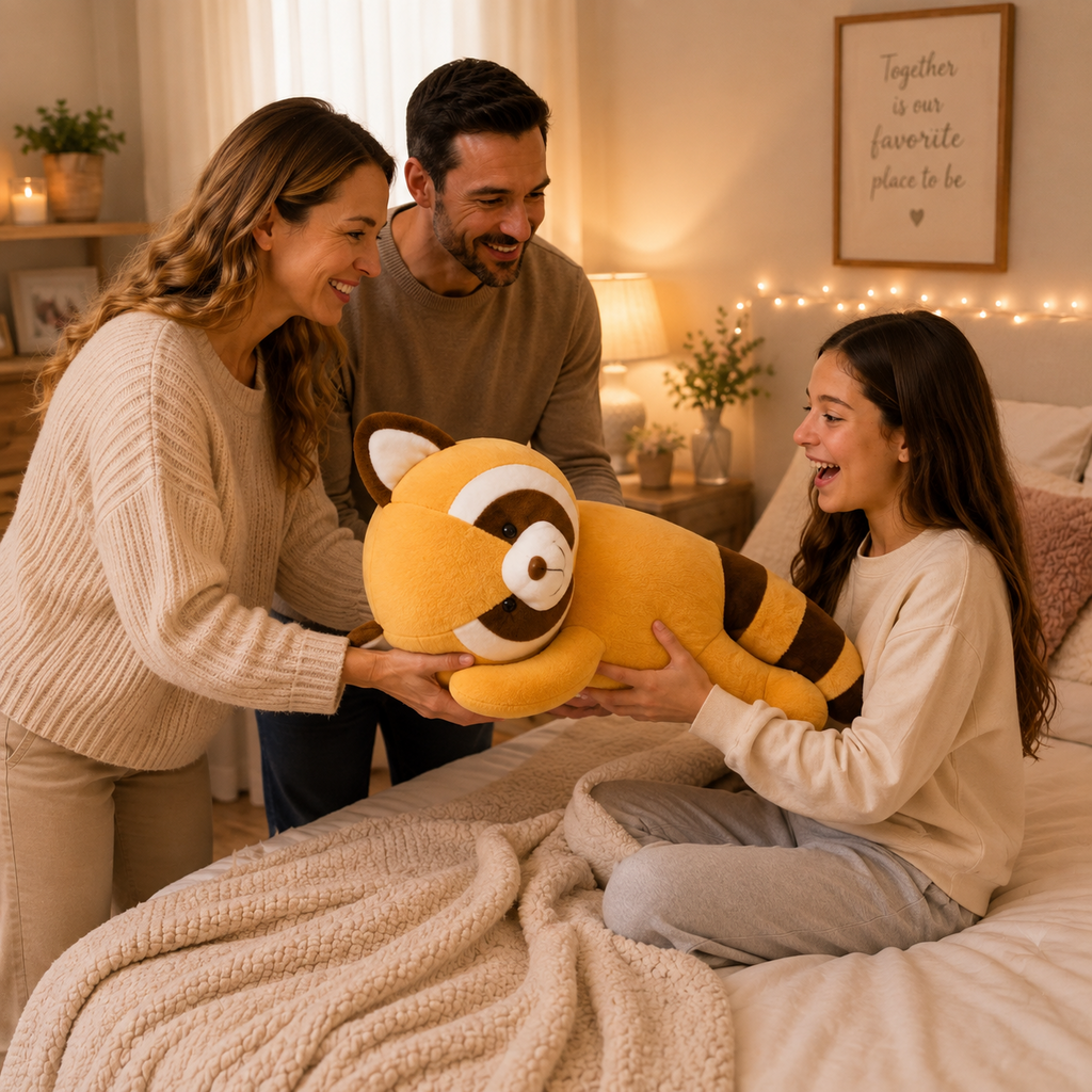 Raccoon body pillow gift scene