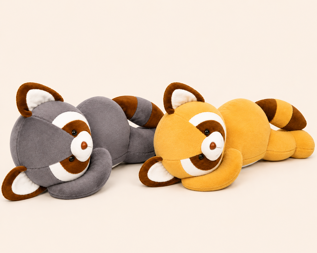 Gray and yellow raccoon body pillows