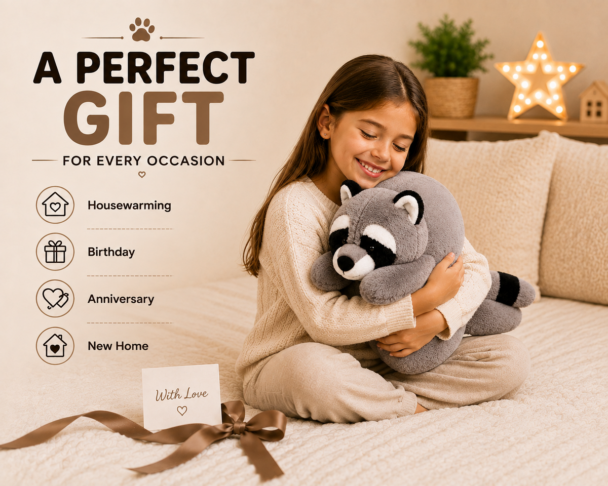 Raccoon plush gift presentation