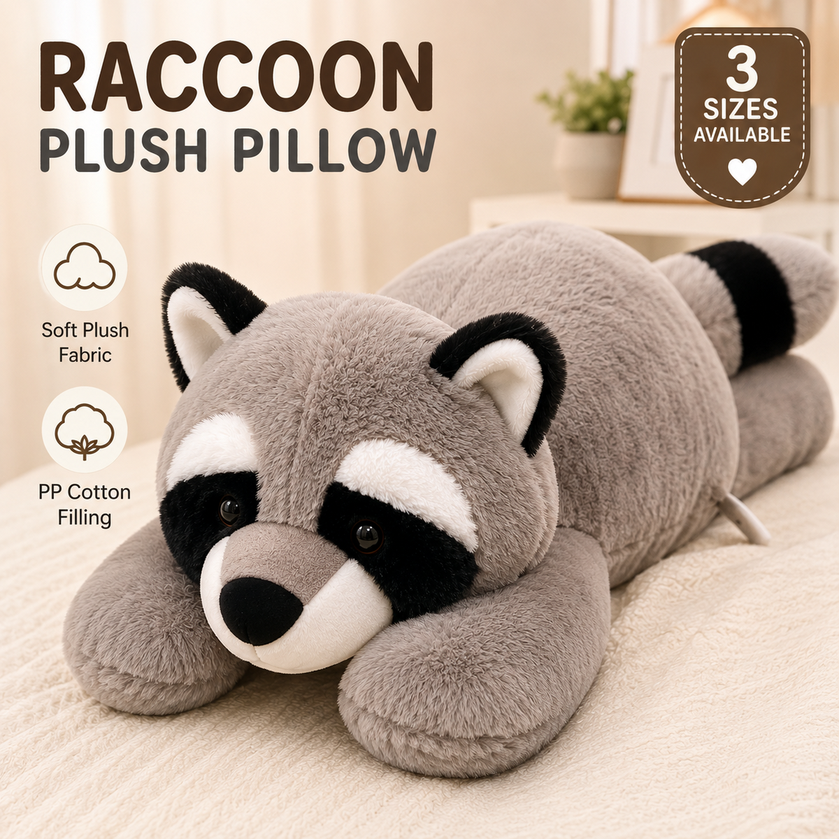 Raccoon plush bedroom decor