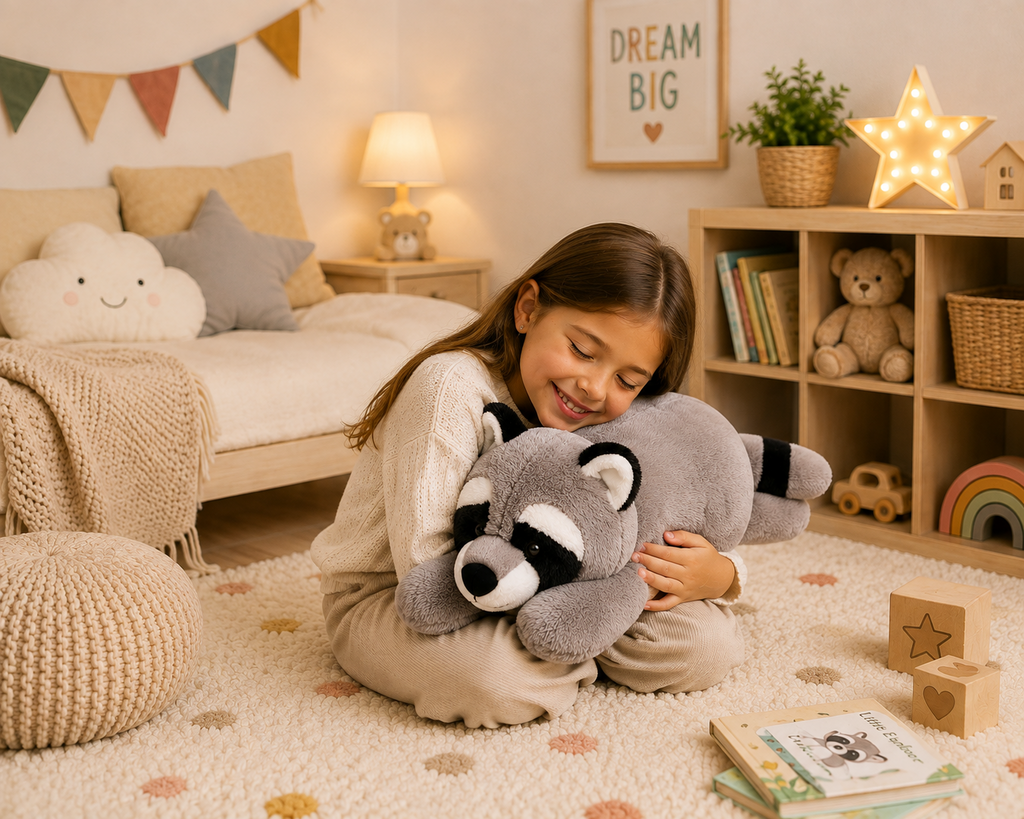 Raccoon plush reading corner