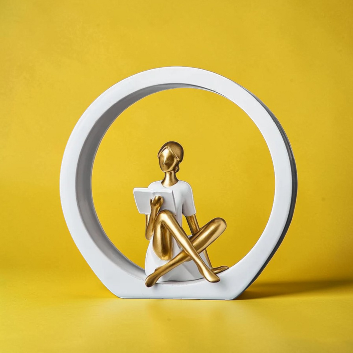 Reading Girl Short Ring white and gold sculpture