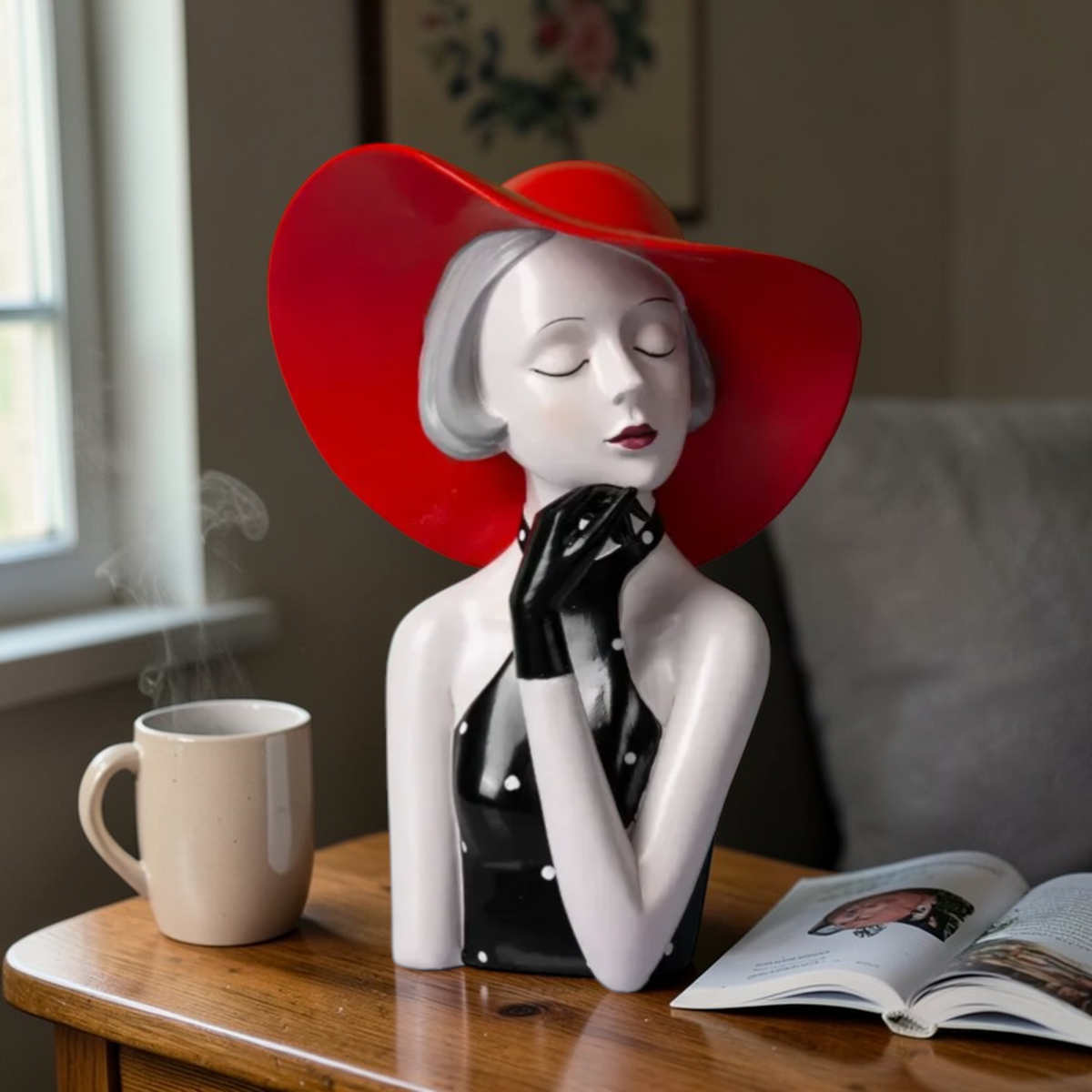 Red hat lady sculpture styled on a table